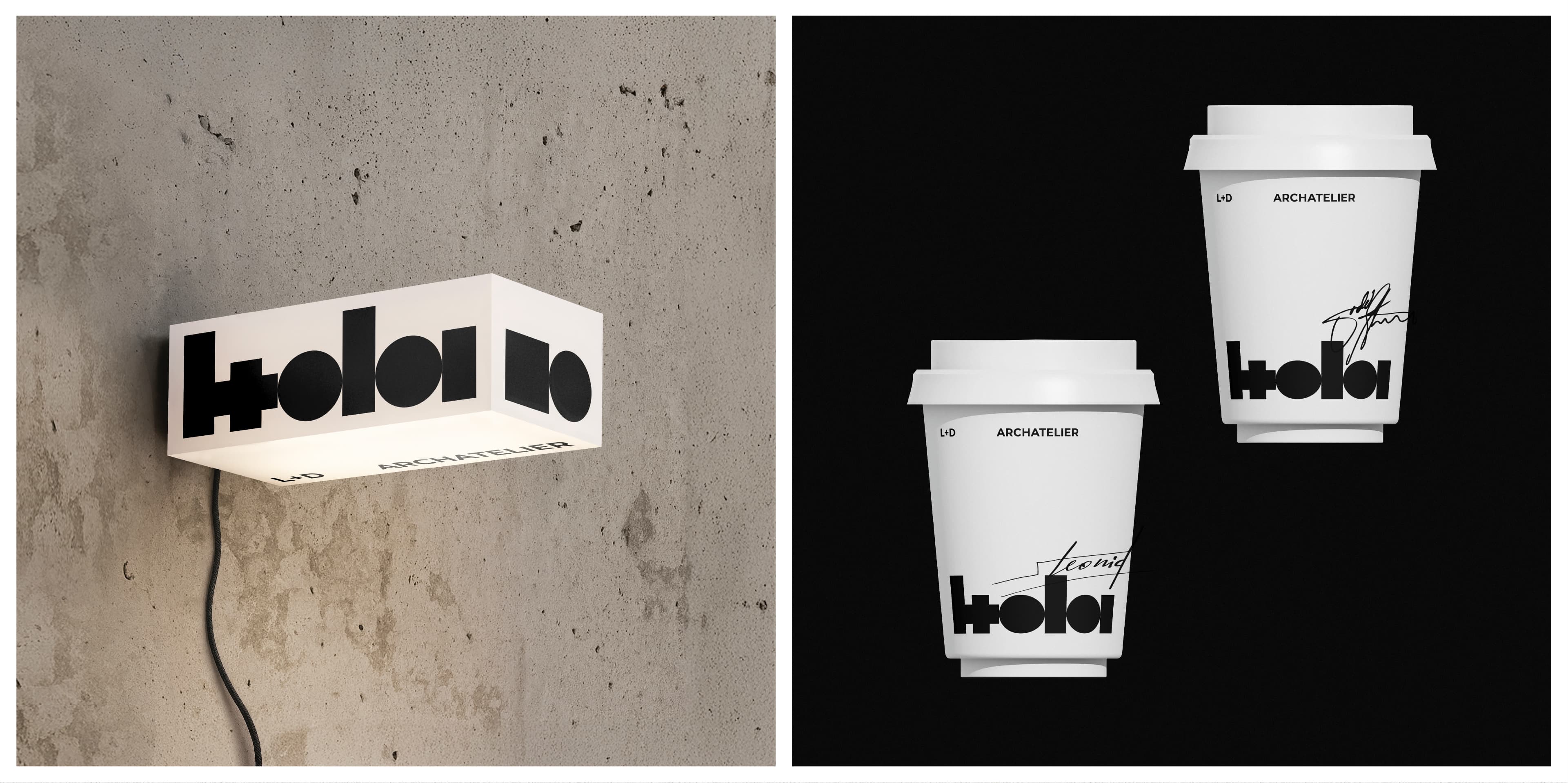 L+D Archatelier identity by Vonk Agency — branding and rebranding on signage and coffee cups